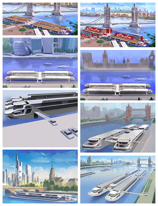 Ship Concept Visualization, Ship Rendering, Shipbuilding Project, 2D Rendering, Sketches Visualization examples, Water Transport, London Skyline