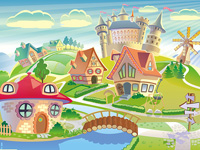 fairyland, fairy, land, dreamland, dream, fairytale, fantasy, tower, castle, medieval, fort, windmill, magic, magical, tale, cartoon, style, styled, landscape, community, town, little, village, house, habitation, imaginative, imagination, colorful, colors, saturated, red, green, blue, sky, cloud, clear, nature, world, country, architecture, exotic, children, building, grass, trees