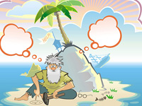 Lonely inhabitant of a desert island dreaming about things, island, desert, robinson, crusoe, adult, man, lonesome, lonely, lone, isolated, isolation, civilization, cloth, palm, tree, land, sea, ocean, sky, water, horizon, clear, blue, bulb, dream, dreaming, halucination, hunger, fishing, shipwreck, ship